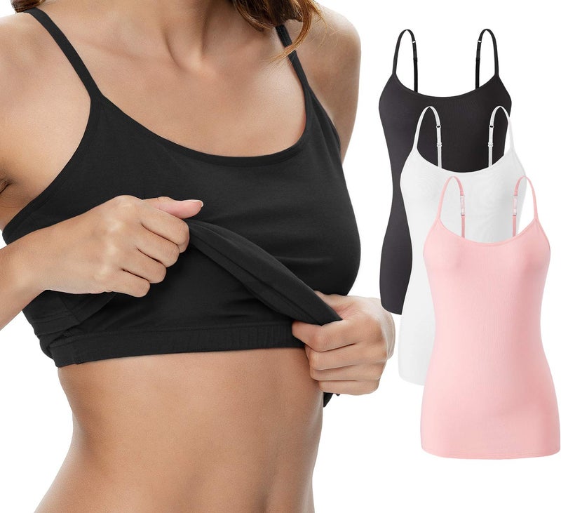 Vislivin Womens Cotton Camisole Adjustable Strap Tank Tops with Shelf Bra Stretch Undershirts 3 Pack Black/White/Pink M - Image 1